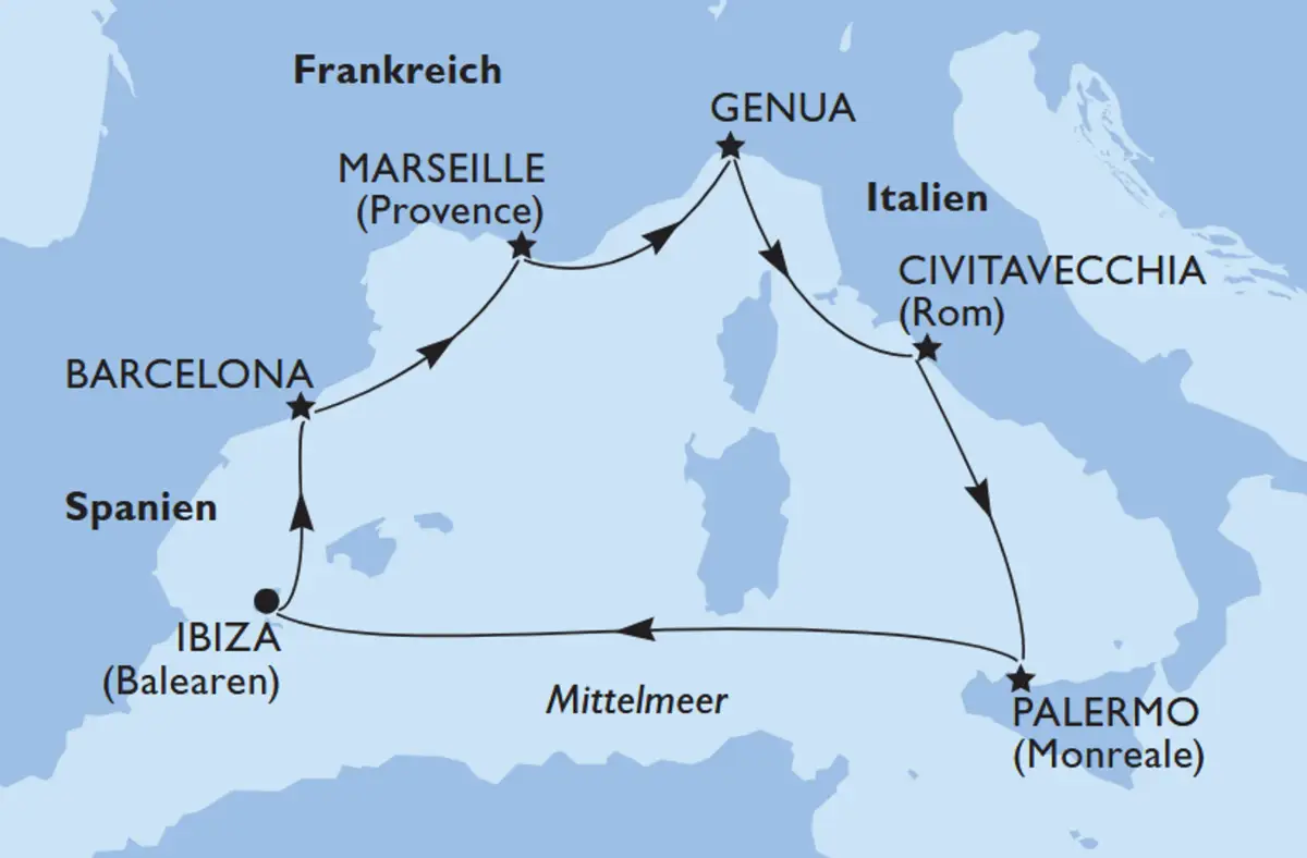 Reisekarte MSC-Familienabenteuer im westlichen Mittelmeer